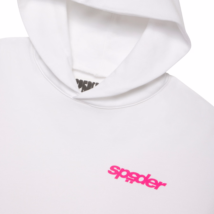 BIAŁA BLUZA Z KAPTUREM I LOGO Z PĘKNIĘCIAMI | SP5DER | KING SPIDER